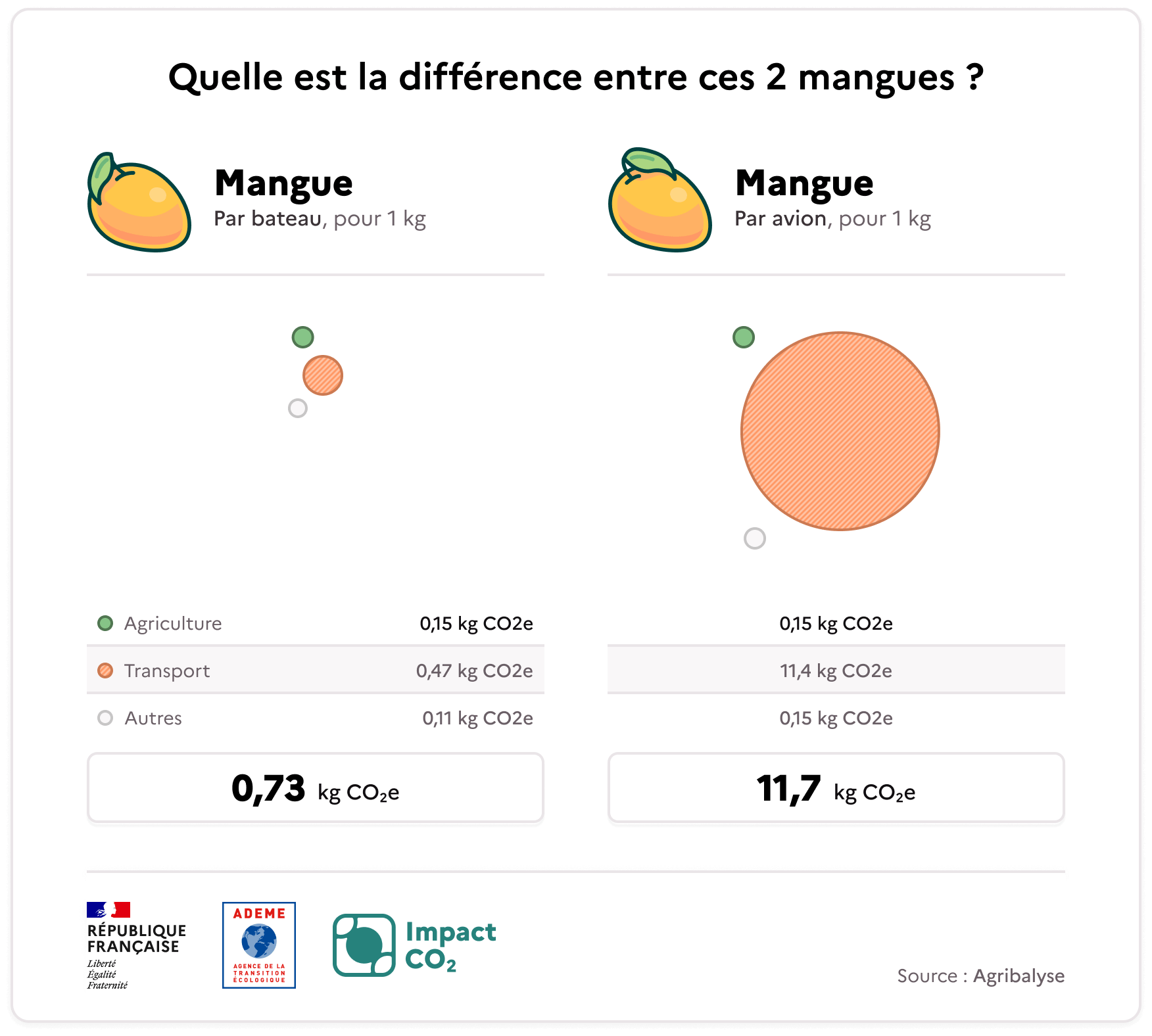 Quelle est la différence entre ces deux mangues ? La mangue importée par bateau représente 0,73 kg CO2e pour 1 kg de mangue (0,15 kg CO2e pour l'agriculture, 0,47 kg CO2e pour le transport et 0,11 kg CO2e pour le reste). La mangue importée par avion représente 11,7 kg CO2e pour 1 kg de mangue (0,15 kg CO2e pour l'agriculture, 11,4 kg CO2e pour le transport et 0,15 kg CO2e pour le reste). Source : Agribalyse.